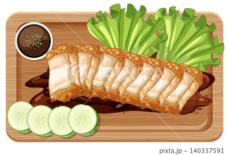 Crispy Pork Belly Slices on Wooden Serving Board Crispy Pork Belly Slices on Wooden Serving Board 140337591