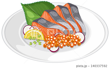 Elegant Salmon Sashimi with Garnishes Illustration 140337592