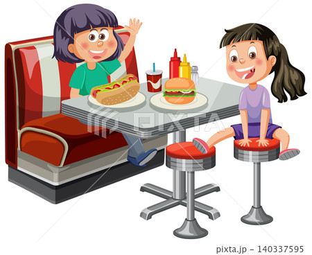 Two Kids Eating Fast Food in Retro Diner Booth Two Kids Eating Fast Food in Retro Diner Booth 140337595