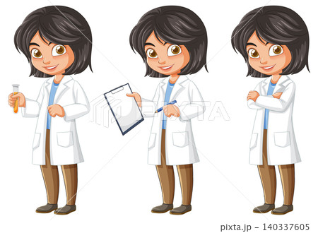 Female Scientist Character in Three Laboratory Poses 140337605