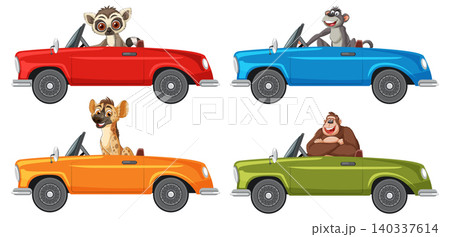 Cartoon Wild Animals Driving Colorful Convertible Cars Cartoon Wild Animals Driving Colorful Convertible Cars 140337614