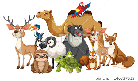 Group of Cartoon Wild Animals in Colorful Vector Style 140337615
