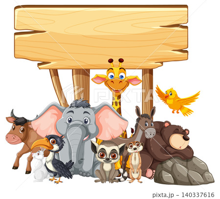Cartoon Jungle Animals Grouped Under Wooden Signboard 140337616
