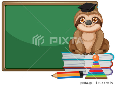 Cartoon Sloth Graduate Sitting on Books Next to Green Chalkboard Cartoon Sloth Graduate Sitting on Books Next to Green Chalkboard 140337619