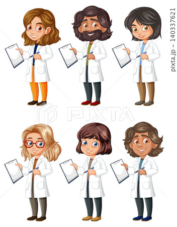 Diverse Cartoon Scientists Holding Clipboards in Lab Coats Diverse Cartoon Scientists Holding Clipboards in Lab Coats 140337621