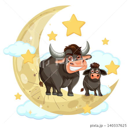 Cartoon Buffalo and Calf Standing on Crescent Moon Cartoon Buffalo and Calf Standing on Crescent Moon 140337625