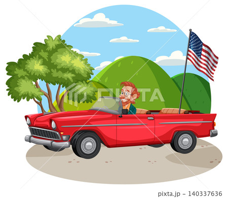 Man Driving Classic Red Convertible with American Flag 140337636