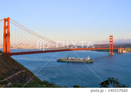 Cargo ship crossing San Francisco Bay near Golden Gate Bridge 140337680