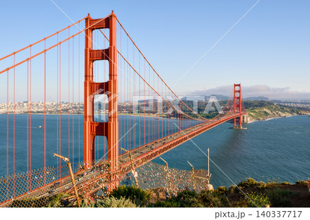 Golden Gate Bridge full span over San Francisco Bay from Marin overlook Golden Gate Bridge full span over San Francisco Bay from Marin overlook 140337717