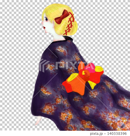 金髮女子身穿浴衣的插圖。描繪的是外國遊客體驗和服或參加夏季祭典的場景。透明PNG背景。 140338396