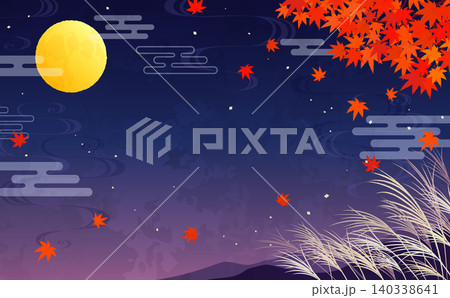 秋の紅葉とお月見の背景4_横 秋の紅葉とお月見の背景4_横 140338641