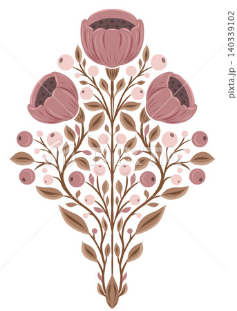 Vector geometric floral composition. Decorative flat illustration of poppies and cranberries. Folk art blooming wildflowers. Vector geometric floral composition. Decorative flat illustration of poppies and cranberries. Folk art blooming wildflowers. 140339102
