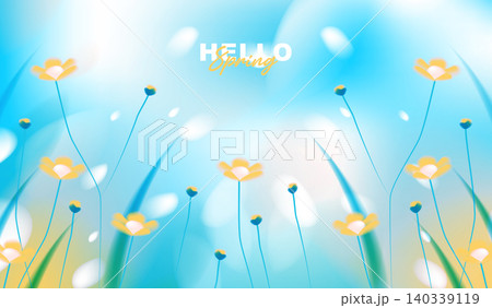 Hello spring greeting card vector background with abstract soft blue sky, beautiful yellow wildflower blossoms blooming in fresh grass field and blurry bokeh light for seasonal nature banner design. Hello spring greeting card vector background with abstract soft blue sky, beautiful yellow wildflower blossoms blooming in fresh grass field and blurry bokeh light for seasonal nature banner design. 140339119