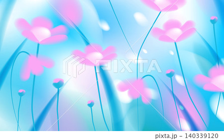 Abstract spring vector background with vibrant neon pink cosmos flowers blooming in vivid blue cyan fluid gradient blur, beautiful trendy glowing bokeh light for seasonal festival banner design. Abstract spring vector background with vibrant neon pink cosmos flowers blooming in vivid blue cyan fluid gradient blur, beautiful trendy glowing bokeh light for seasonal festival banner design. 140339120