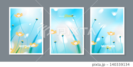 Set of Mother's Day greeting card templates with abstract blue background, blurry bokeh light, soft yellow flowers, and fresh green grass. Vector illustration for spring or summer posters. Set of Mother's Day greeting card templates with abstract blue background, blurry bokeh light, soft yellow flowers, and fresh green grass. Vector illustration for spring or summer posters. 140339134