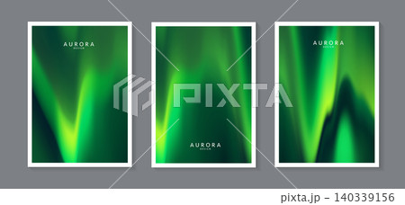 Aurora borealis vector background set. Abstract northern lights gradient posters layout with emerald green blurred neon wavy stripes. Trendy fluid liquid texture cosmic cover design. 140339156
