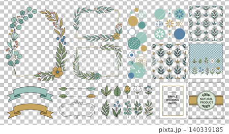 A set of illustration materials featuring Scandinavian-style plant frames and ribbon seamless patterns (with transparent background). A set of illustration materials featuring Scandinavian-style plant frames and ribbon seamless patterns (with transparent background). 140339185