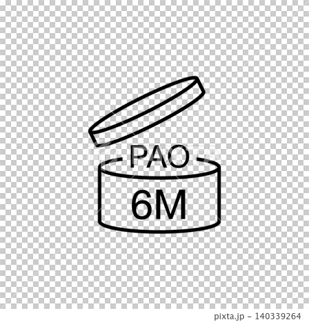 A standard packaging line icon of an open cosmetic jar with a "PAO 6M" expiration symbol, indicating the product's lifespan after opening. Essential for compliance and labeling. A standard packaging line icon of an open cosmetic jar with a "PAO 6M" expiration symbol, indicating the product's lifespan after opening. Essential for compliance and labeling. 140339264