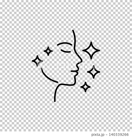 A beautiful line icon featuring a clean face profile accented with sparkles and stars, indicating skin brightening, radiance, and instant glow. A beautiful line icon featuring a clean face profile accented with sparkles and stars, indicating skin brightening, radiance, and instant glow. 140339266