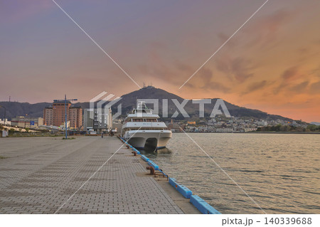 April 26 2026 Toyokawa Pier ferry docked at Hakodate port sunset April 26 2026 Toyokawa Pier ferry docked at Hakodate port sunset 140339688