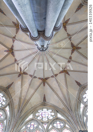 Gothic rib vault ceiling inside Salisbury Cathedral in England 140339926