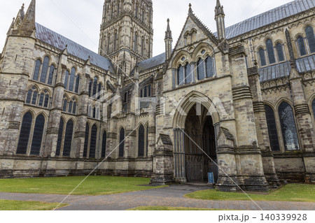 Salisbury Cathedral gothic architecture facade in England 140339928