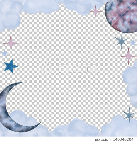 Square frame with celestial motifs: a full moon, crescent moon, star, cloud. Watercolor illustration of cosmic airy elements. Hand drawn, isolated. Children cartoon background for invitations, card 140340204