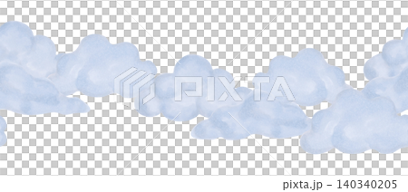 Seamless border with blue clouds. Watercolor illustration. Hand-drawn, isolated. Children's cartoon sketch for decorating the walls of a girl's or boy's nursery or for a children's greeting card. Seamless border with blue clouds. Watercolor illustration. Hand-drawn, isolated. Children's cartoon sketch for decorating the walls of a girl's or boy's nursery or for a children's greeting card. 140340205