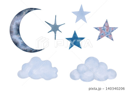 Watercolor clip art set featuring the moon, clouds, stars. Celestial theme, nighttime atmosphere and dreamlike atmosphere. Hand drawn isolated art. Children cartoon sketch for bedroom or projects Watercolor clip art set featuring the moon, clouds, stars. Celestial theme, nighttime atmosphere and dreamlike atmosphere. Hand drawn isolated art. Children cartoon sketch for bedroom or projects 140340206