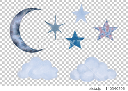 Watercolor clip art set featuring the moon, clouds, stars. Celestial theme, nighttime atmosphere and dreamlike atmosphere. Hand drawn isolated art. Children cartoon sketch for bedroom or projects Watercolor clip art set featuring the moon, clouds, stars. Celestial theme, nighttime atmosphere and dreamlike atmosphere. Hand drawn isolated art. Children cartoon sketch for bedroom or projects 140340206