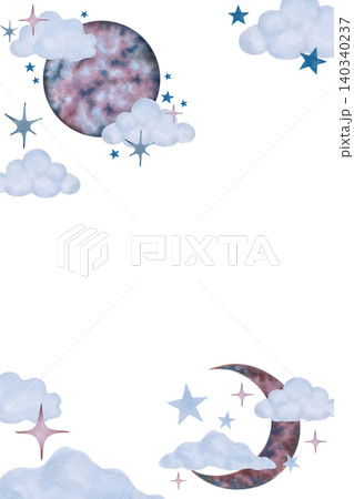 Vertical frame with a moon, clouds, stars. Watercolor illustration of cosmic elements. Hand drawn isolated art. Children cartoon background for invitations, cards and newborn metrics, birthday Vertical frame with a moon, clouds, stars. Watercolor illustration of cosmic elements. Hand drawn isolated art. Children cartoon background for invitations, cards and newborn metrics, birthday 140340237