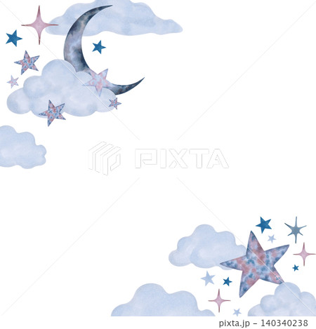 Square frame with celestial motifs a crescent moon, star, cloud. Watercolor illustration of cosmic airy elements. Hand drawn illustration isolated background. Children cartoon art for invitations Square frame with celestial motifs a crescent moon, star, cloud. Watercolor illustration of cosmic airy elements. Hand drawn illustration isolated background. Children cartoon art for invitations 140340238