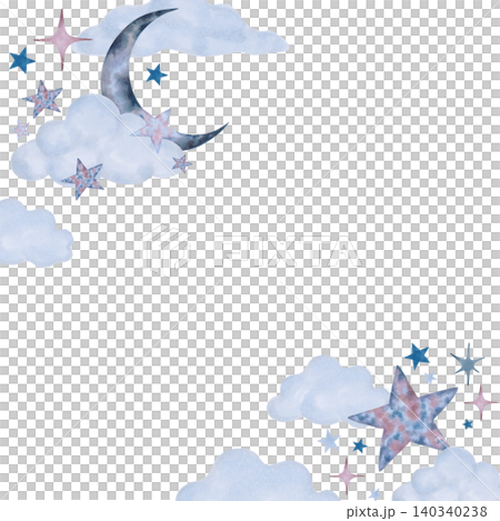 Square frame with celestial motifs a crescent moon, star, cloud. Watercolor illustration of cosmic airy elements. Hand drawn illustration isolated background. Children cartoon art for invitations Square frame with celestial motifs a crescent moon, star, cloud. Watercolor illustration of cosmic airy elements. Hand drawn illustration isolated background. Children cartoon art for invitations 140340238