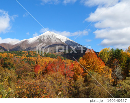 晩秋、赤や黄色の紅葉と冠雪した磐梯山とのコラボレーションが青空に印象的で綺麗だ。 晩秋、赤や黄色の紅葉と冠雪した磐梯山とのコラボレーションが青空に印象的で綺麗だ。 140340427