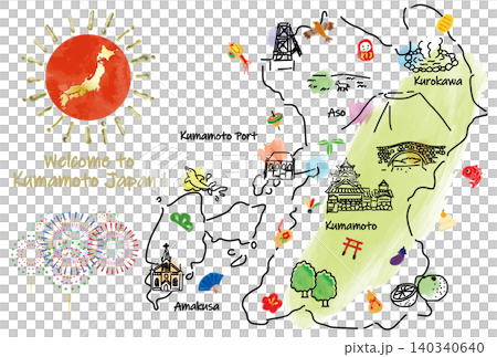 熊本の観光地のかわいいイラストマップと縁起物手描き線画 熊本の観光地のかわいいイラストマップと縁起物手描き線画 140340640