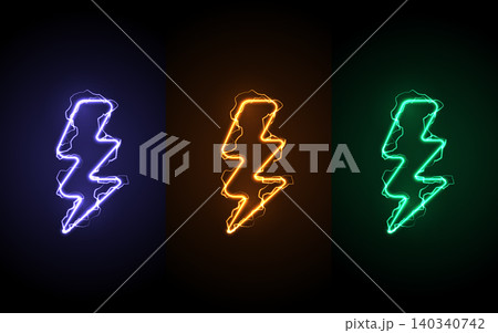 Neon lightning bolt icons set with electric discharge effect. Colorful purple, green, and red glow thunderbolt symbols on black background. Energy, power, and flash battery charging concept vector. Neon lightning bolt icons set with electric discharge effect. Colorful purple, green, and red glow thunderbolt symbols on black background. Energy, power, and flash battery charging concept vector. 140340742
