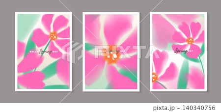 Set of spring vector posters with abstract blurred pink flowers. Collection of soft pastel watercolor floral covers template for greeting card, holiday invitation, banner and wall art decor. Set of spring vector posters with abstract blurred pink flowers. Collection of soft pastel watercolor floral covers template for greeting card, holiday invitation, banner and wall art decor. 140340756