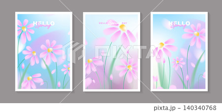 Set of spring floral poster templates with abstract blurred pink cosmos flowers background, soft focus blooming daisies illustration for vertical banner, social media story, greeting card design Set of spring floral poster templates with abstract blurred pink cosmos flowers background, soft focus blooming daisies illustration for vertical banner, social media story, greeting card design 140340768