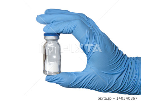 Hand in medical glove with vaccine bottle 140340867