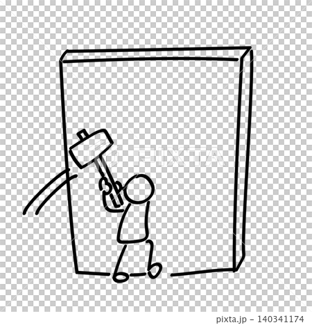 An illustration of a stick figure breaking down a wall with a hammer. An illustration of a stick figure breaking down a wall with a hammer. 140341174