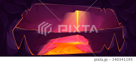 Fiery hell cave landscape with flowing lava river Fiery hell cave landscape with flowing lava river 140341193