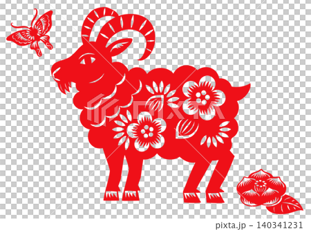以中國剪紙風格創作的羊、蝴蝶和花卉圖案。 以中國剪紙風格創作的羊、蝴蝶和花卉圖案。 140341231