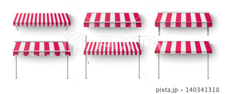 Classic store marquee roof, red striped awning 140341318