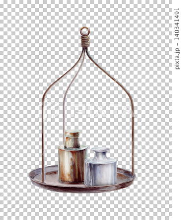 Vintage scale pan with two metal weights watercolor illustration. Isolated retro laboratory object for antique store logo, law justice symbol, alchemy experiment history and science design Vintage scale pan with two metal weights watercolor illustration. Isolated retro laboratory object for antique store logo, law justice symbol, alchemy experiment history and science design 140341491