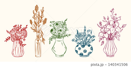 Hand drawn vases with delicate flower bouquets Hand drawn vases with delicate flower bouquets 140341506