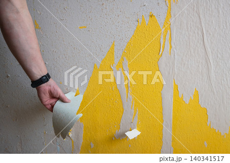 Wall in child room with yellow before renovation. Man take piese of wallpaper. Work to remove old dirty wallpaper for new home interior. 140341517