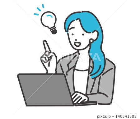 パソコンを前にひらめく女性のベクターイラスト パソコンを前にひらめく女性のベクターイラスト 140341585