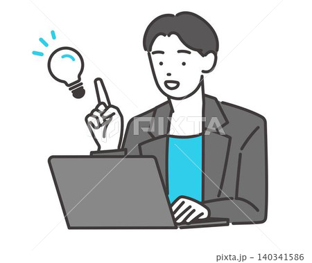 パソコンを前にひらめく男性のベクターイラスト パソコンを前にひらめく男性のベクターイラスト 140341586