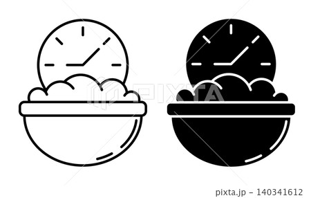 Linear icon. Bowl of oatmeal and a clock showing breakfast time. Simple black and white vector symbol isolated on white background Linear icon. Bowl of oatmeal and a clock showing breakfast time. Simple black and white vector symbol isolated on white background 140341612