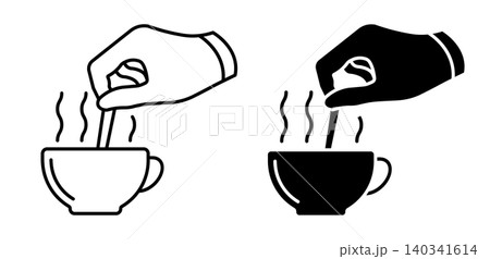 Linear icon. Man hand stirs coffee with teaspoon in cup of hot water. Simple black and white vector symbol isolated on white background Linear icon. Man hand stirs coffee with teaspoon in cup of hot water. Simple black and white vector symbol isolated on white background 140341614